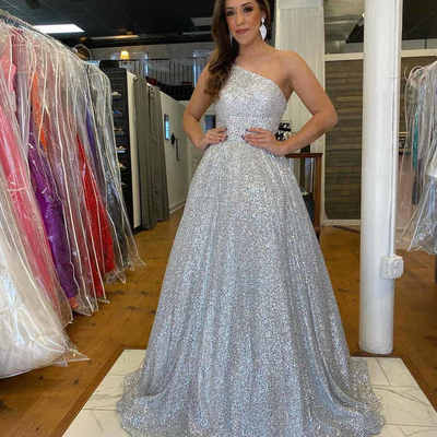 One shoulder long sequins silver prom dress,787 - Thumbnail 2