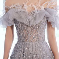 Gray tulle sequins long prom dress senior evening dress - Thumbnail 1