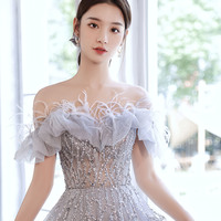 Gray tulle sequins long prom dress senior evening dress - Thumbnail 2