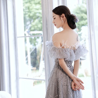 Gray tulle sequins long prom dress senior evening dress - Thumbnail 3