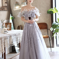 Gray tulle sequins long prom dress senior evening dress - Thumbnail 4