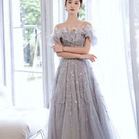 Gray tulle sequins long prom dress senior evening dress - Thumbnail 5