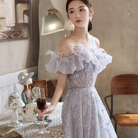 Gray tulle sequins long prom dress senior evening dress - Thumbnail 6