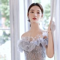 Gray tulle sequins long prom dress senior evening dress - Thumbnail 7