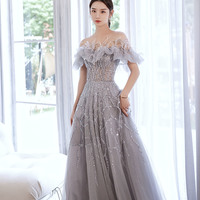 Gray tulle sequins long prom dress senior evening dress - Thumbnail 8