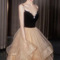 Stylish v neck tulle long prom dress A line evening dress - Thumbnail 1