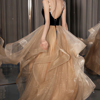 Stylish v neck tulle long prom dress A line evening dress - Thumbnail 3