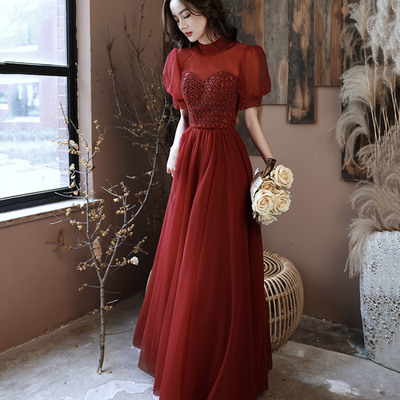 Burgundy tulle beads long prom dress a line evening dress - Thumbnail 2