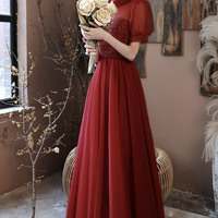 Burgundy tulle beads long prom dress A line evening dress - Thumbnail 1