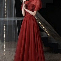 Burgundy tulle beads long prom dress A line evening dress - Thumbnail 2