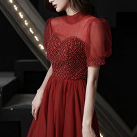 Burgundy tulle beads long prom dress A line evening dress - Thumbnail 3