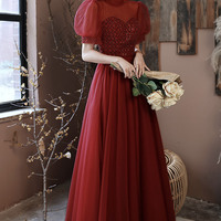 Burgundy tulle beads long prom dress A line evening dress - Thumbnail 4