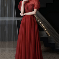 Burgundy tulle beads long prom dress A line evening dress - Thumbnail 5