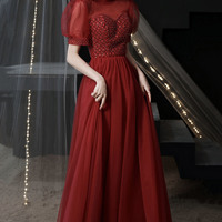 Burgundy tulle beads long prom dress A line evening dress - Thumbnail 6