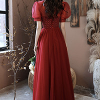 Burgundy tulle beads long prom dress A line evening dress - Thumbnail 7