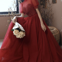 Burgundy tulle beads long prom dress A line evening dress - Thumbnail 9