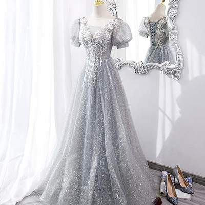 Gray tulle sequins long prom dress evening dress