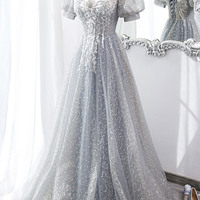 Gray tulle sequins long prom dress evening dress - Thumbnail 5