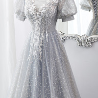 Gray tulle sequins long prom dress evening dress - Thumbnail 1