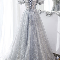 Gray tulle sequins long prom dress evening dress - Thumbnail 3