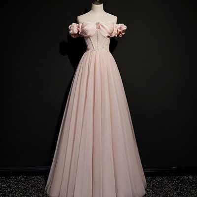 Pink tulle beads long prom dress pink evening dress - Thumbnail 2