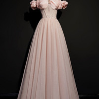 Pink tulle beads long prom dress pink evening dress - Thumbnail 4