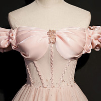 Pink tulle beads long prom dress pink evening dress - Thumbnail 1