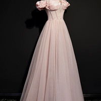 Pink tulle beads long prom dress pink evening dress - Thumbnail 2