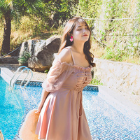 Plus Size Women Summer Vacation Swimsuit Pink & Black Dress - Thumbnail 1