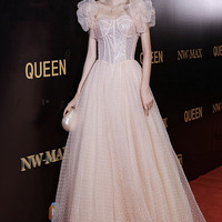 Pink tulle sequins long prom dress A line evening dress - Thumbnail 7