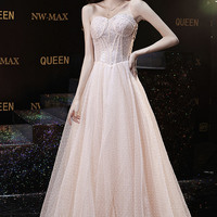 Pink tulle sequins long prom dress A line evening dress - Thumbnail 1