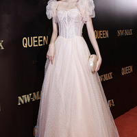 Pink tulle sequins long prom dress A line evening dress - Thumbnail 4