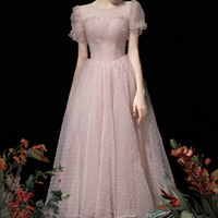 Pink tulle sequins short prom dress homecoming dress - Thumbnail 1