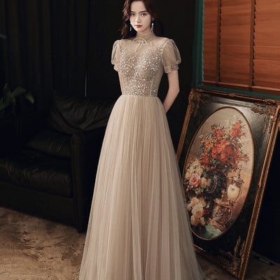 Gold tulle sequins long prom dress a line evening dress - Thumbnail 1