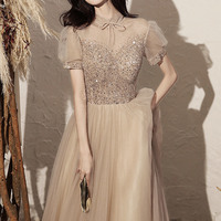 Gold tulle sequins long prom dress A line evening dress - Thumbnail 1