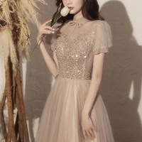 Gold tulle sequins long prom dress A line evening dress - Thumbnail 3