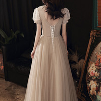 Gold tulle sequins long prom dress A line evening dress - Thumbnail 5