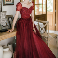 Burgundy Tulle Seqins Long Prom Dress A Line Evening Dress - Thumbnail 3