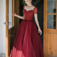 Burgundy Tulle Seqins Long Prom Dress A Line Evening Dress - Thumbnail 6