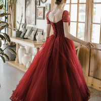 Burgundy Tulle Seqins Long Prom Dress A Line Evening Dress - Thumbnail 5