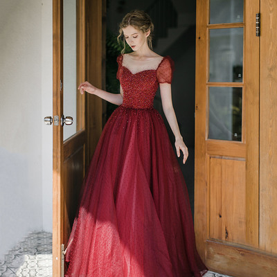 Burgundy tulle seqins long prom dress a line evening dress
