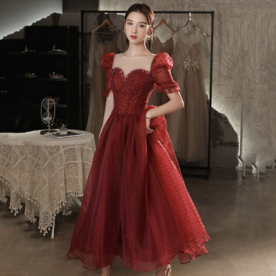 Burgundy tulle beads short prom dress homecoming dress - Thumbnail 1