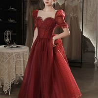 Burgundy tulle beads short prom dress homecoming dress - Thumbnail 7