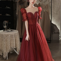 Burgundy tulle beads short prom dress homecoming dress - Thumbnail 3