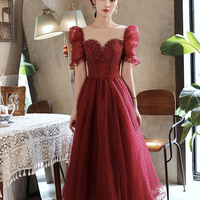 Burgundy tulle beads short prom dress homecoming dress - Thumbnail 6