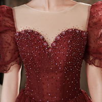 Burgundy tulle beads short prom dress homecoming dress - Thumbnail 2