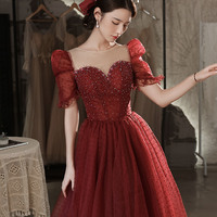 Burgundy tulle beads short prom dress homecoming dress - Thumbnail 4