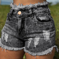 Women's High Waist Ripped Denim Shorts - Thumbnail 1