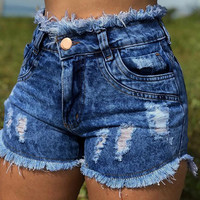 Women's High Waist Ripped Denim Shorts - Thumbnail 2