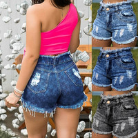 Women's High Waist Ripped Denim Shorts - Thumbnail 3